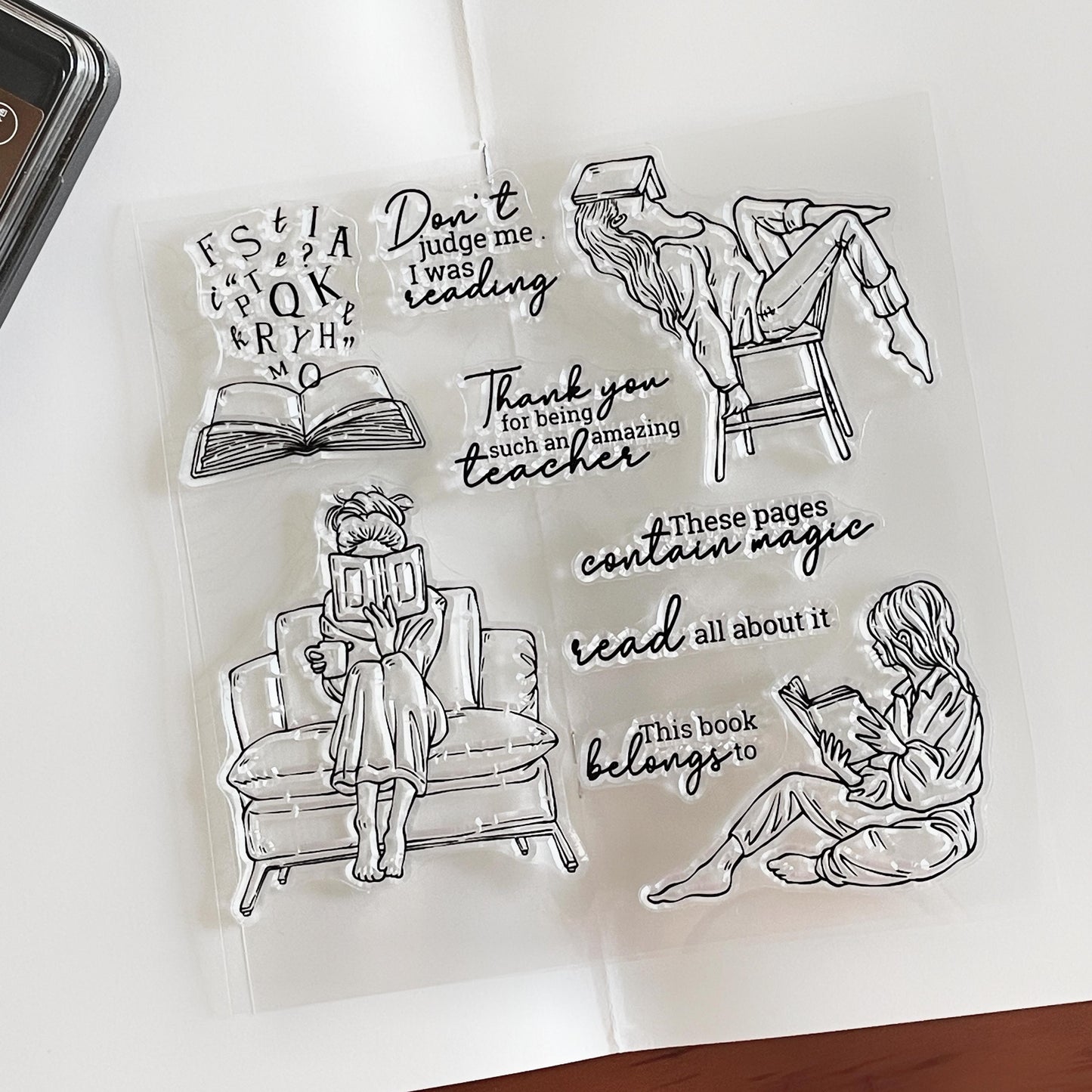 Reading Girl Clear Stamp | Book Lover Bookish Transparent Rubber Stamps | Bullet Journal Planner Accessories Craft Scrapbooking Supplies