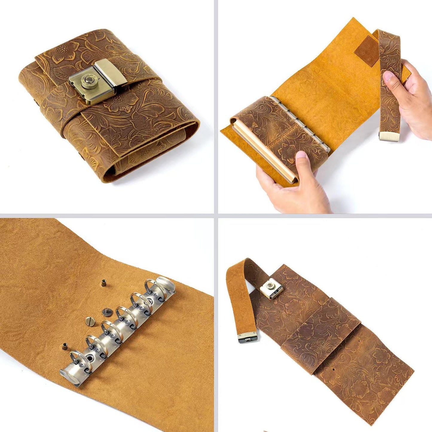 100% Genuine Leather Retro Password Lock 6 Ring Binder | A5 A6 Personal A7 | Handmade Sketchbook Notebook Diary Planner | Gift for Her Him
