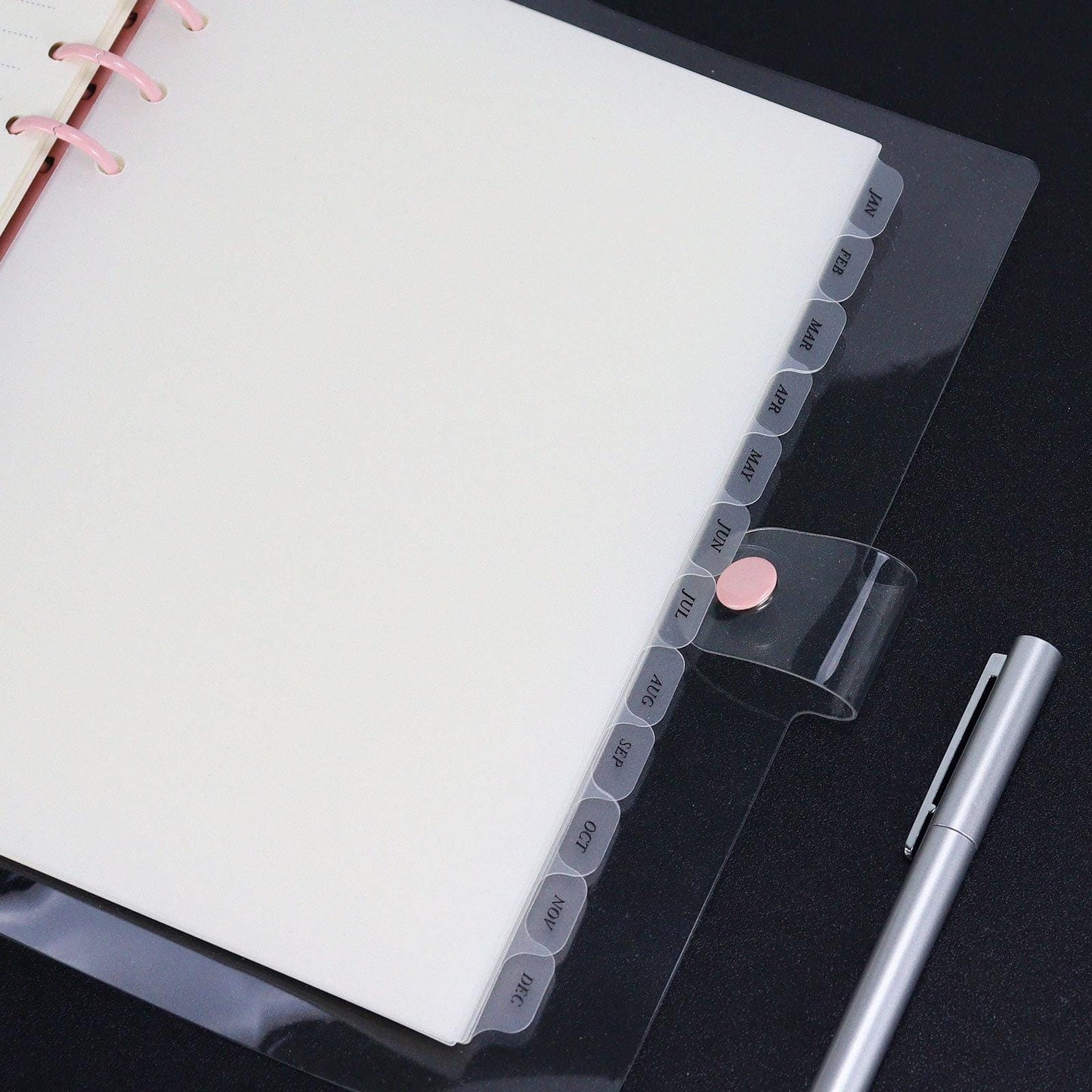 12 Months Frosted Clear Side Tab Dividers | Transparent Plastic Planner Dividers | 6 Ring Binder | Planner Index Filofax A5