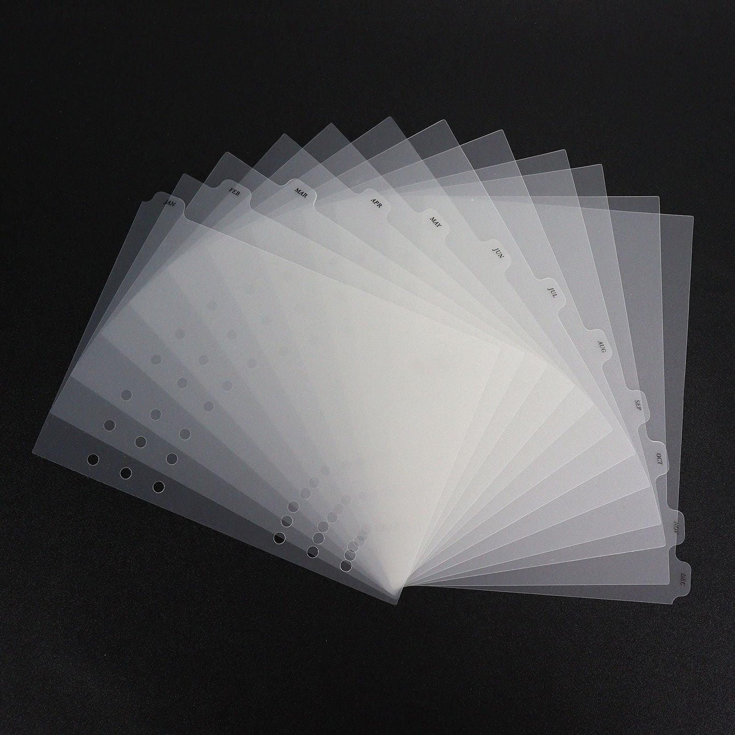 12 Months Frosted Clear Side Tab Dividers | Transparent Plastic Planner Dividers | 6 Ring Binder | Planner Index Filofax A5