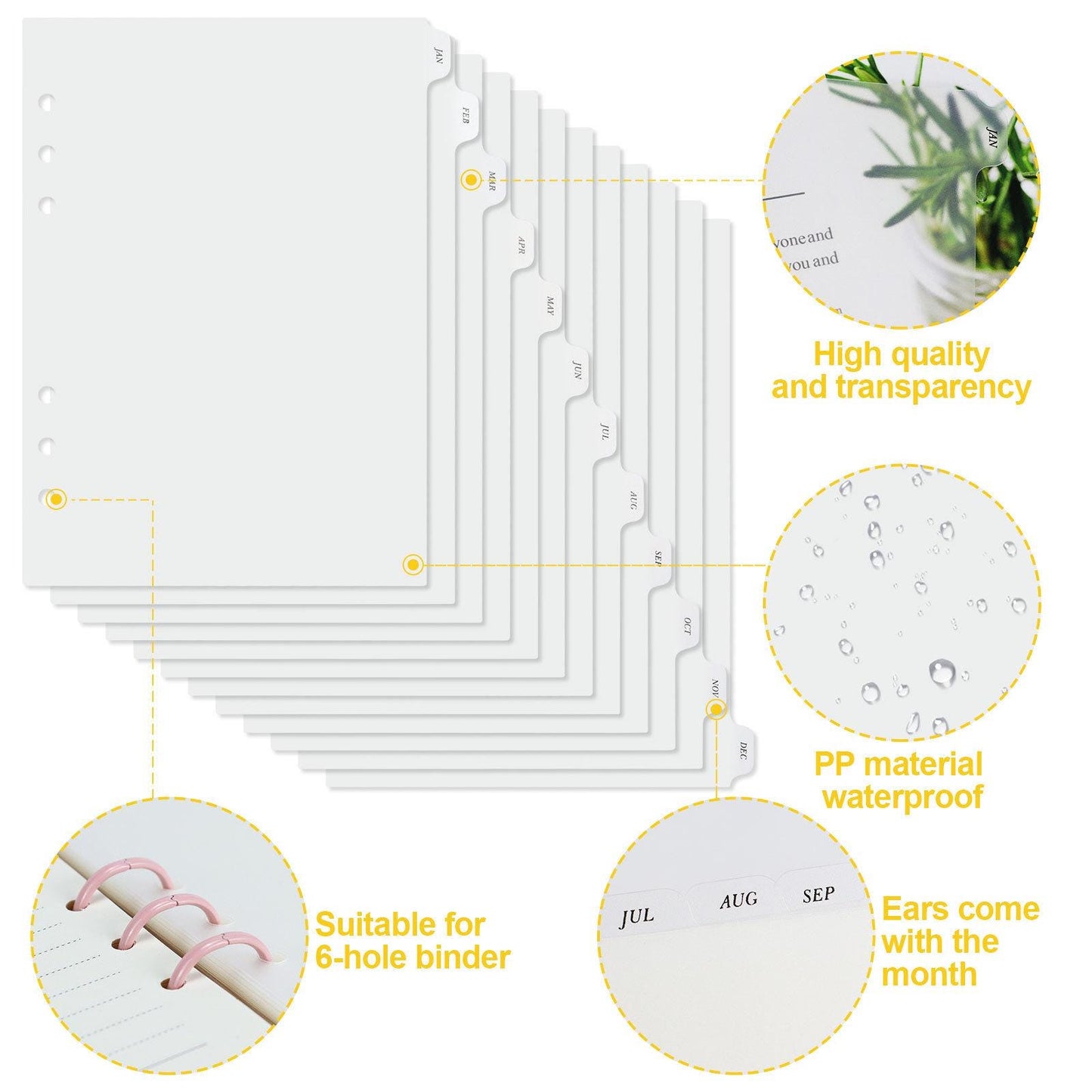 12 Months Frosted Clear Side Tab Dividers | Transparent Plastic Planner Dividers | 6 Ring Binder | Planner Index Filofax A5