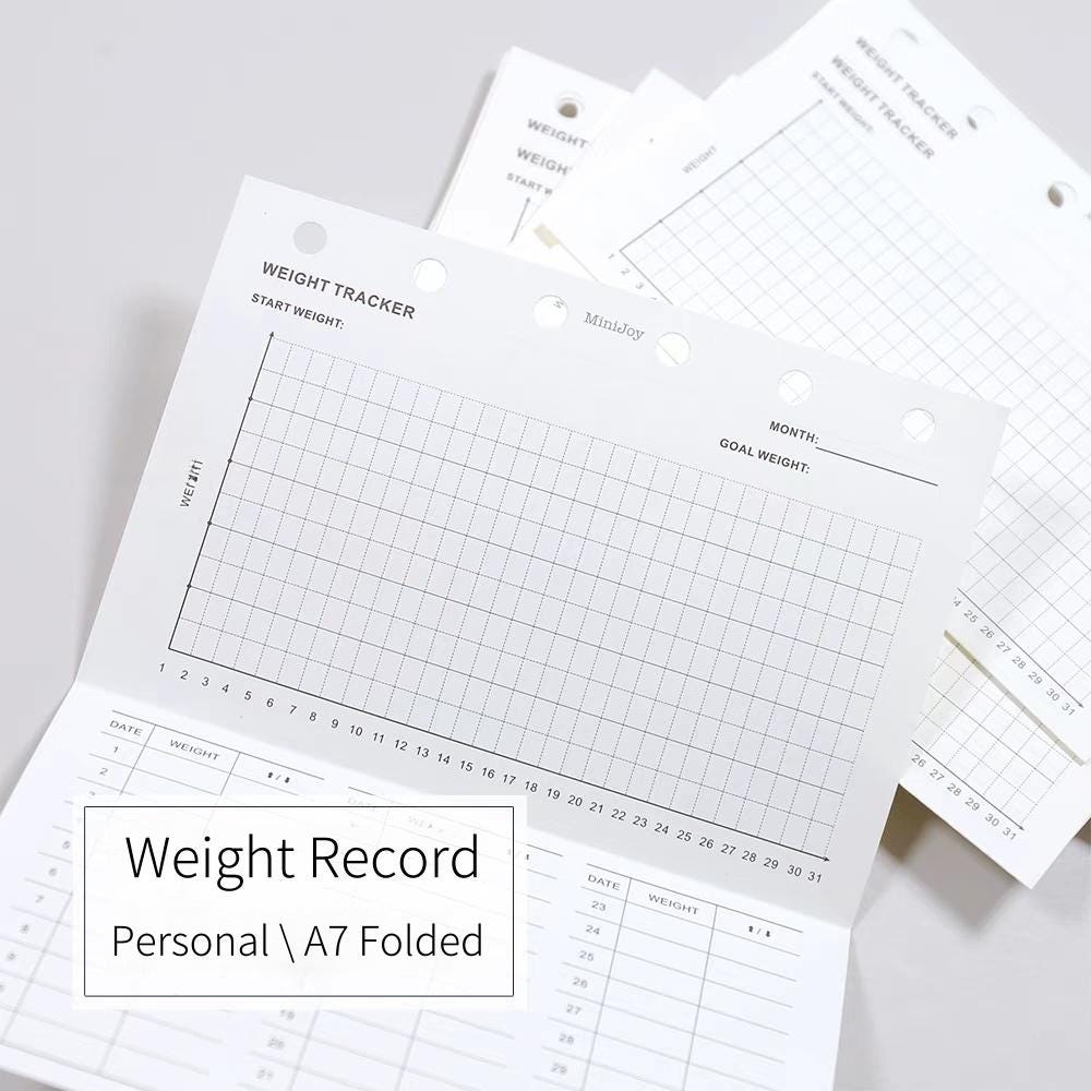 Weight Tracker Record Printed Planner Inserts | A7 Personal Size | 120gsm Paper | 6 Ring Binder Planner Refills | Health Wellness Diet
