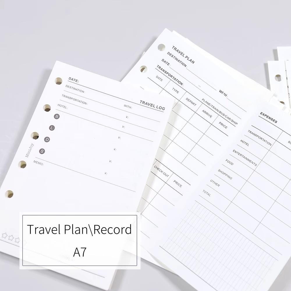 A7 Travel Plan Printed Planner Inserts | 120gsm Paper | 6 Ring Binder Planner Refills | Travel Log Record Inserts