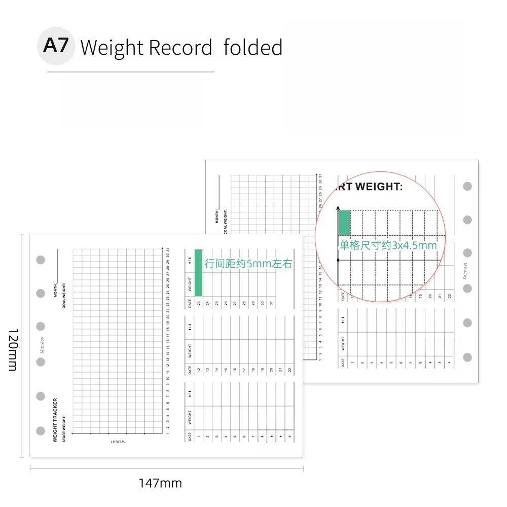 Weight Tracker Record Printed Planner Inserts | A7 Personal Size | 120gsm Paper | 6 Ring Binder Planner Refills | Health Wellness Diet
