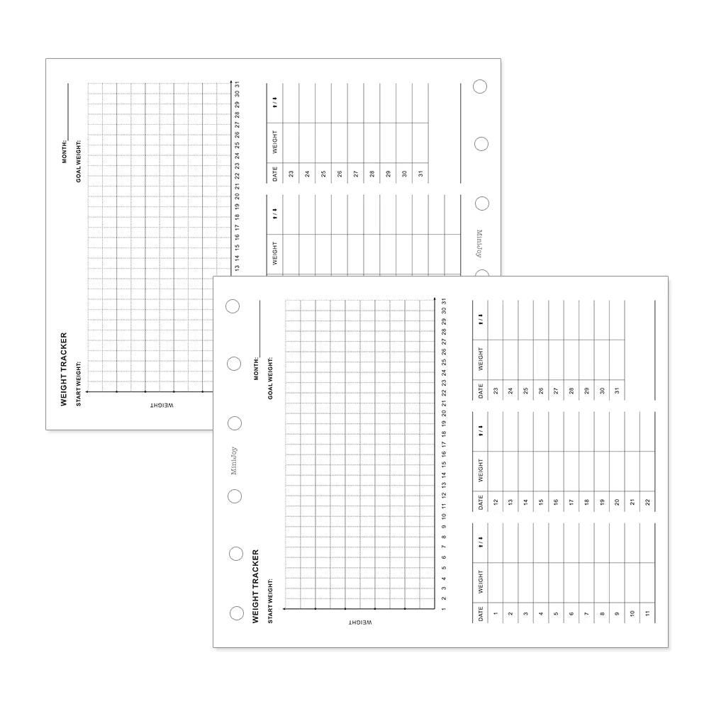 Weight Tracker Record Printed Planner Inserts | A7 Personal Size | 120gsm Paper | 6 Ring Binder Planner Refills | Health Wellness Diet