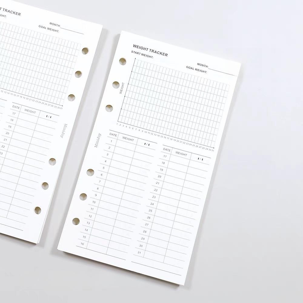 Weight Tracker Record Printed Planner Inserts | A7 Personal Size | 120gsm Paper | 6 Ring Binder Planner Refills | Health Wellness Diet