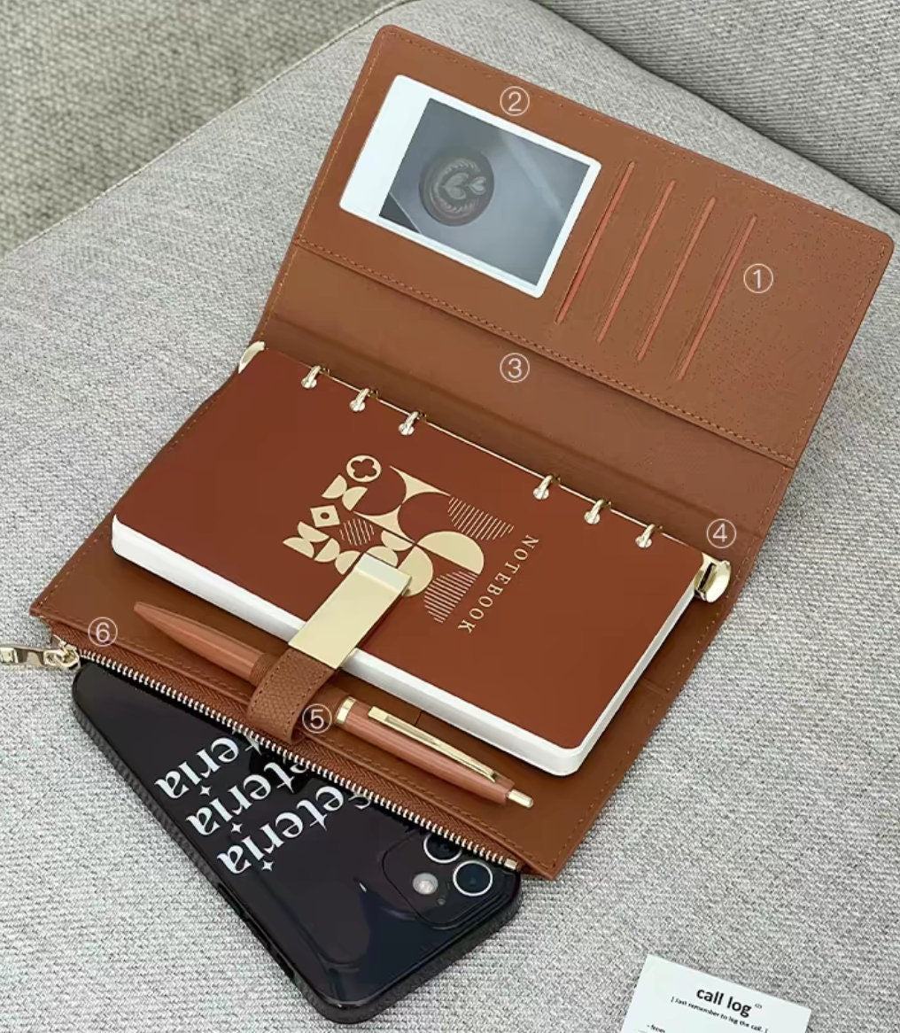 2025 Personal PU Leather Zipper 6 Ring Binder | Journal Notebook Loose-leaf | Portable Diary Planner Organizer | Business Office School