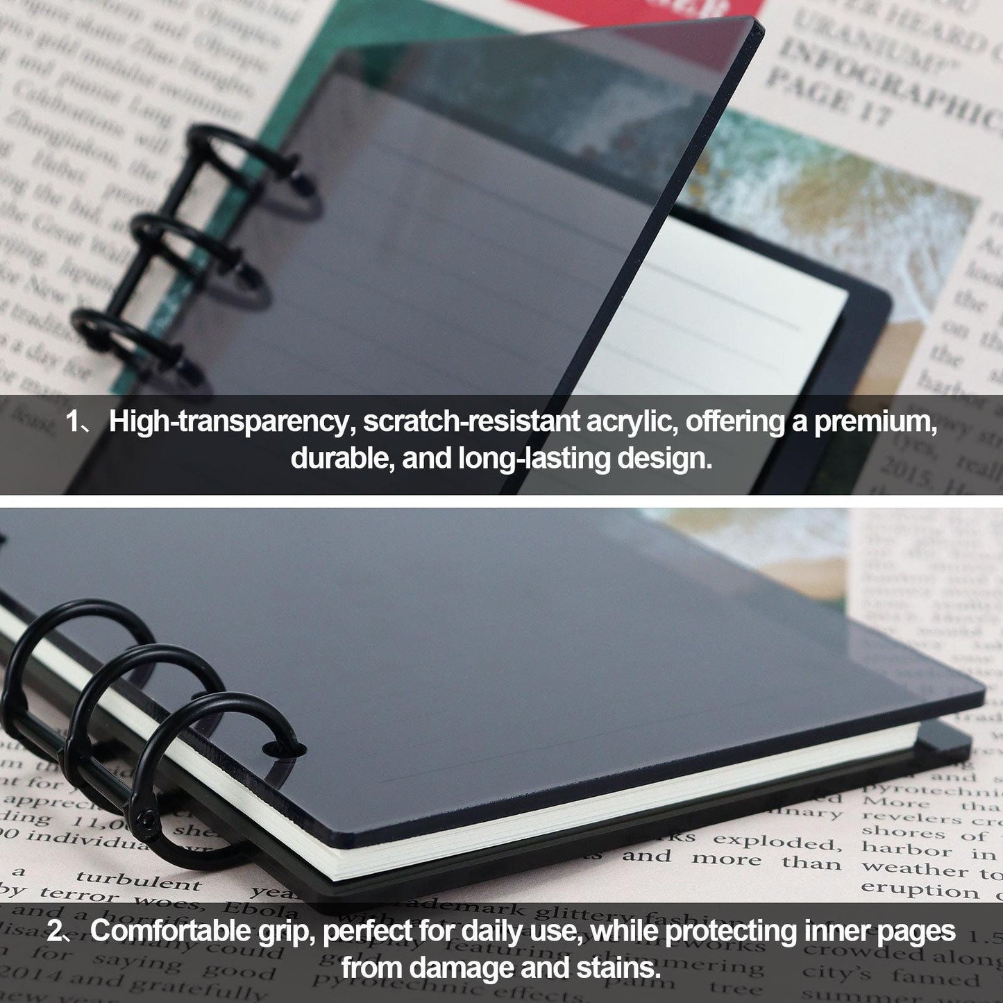 2PCS Acrylic 6 Ring Binder Cover | Personal Size | Black Gray Cover Dashboard | Removable Cover | DIY Binder Planner | Budget Planner