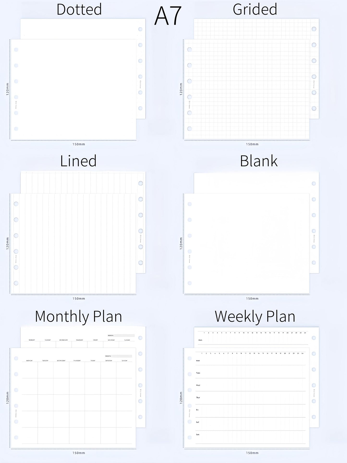 A7 M5 Printed Planner Inserts | Fold Out Binder Inserts Refills | Monthly Weekly Plan Grided Dotted Ruled Lined Blank Loose-leaf Refills