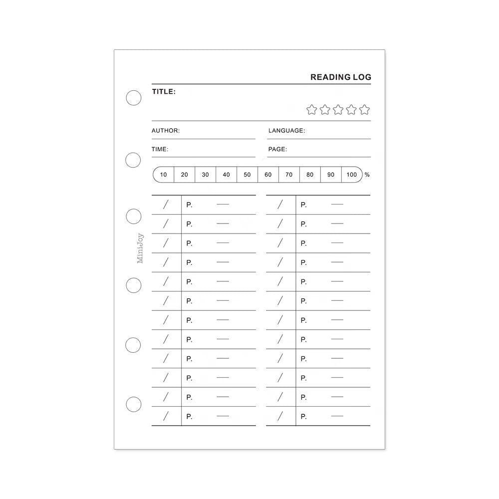A7 Reading Log Planner Inserts | 40 Sheets | 6 Ring Binder Planner Refills | Reading Progress Record Book Review Planner Insert