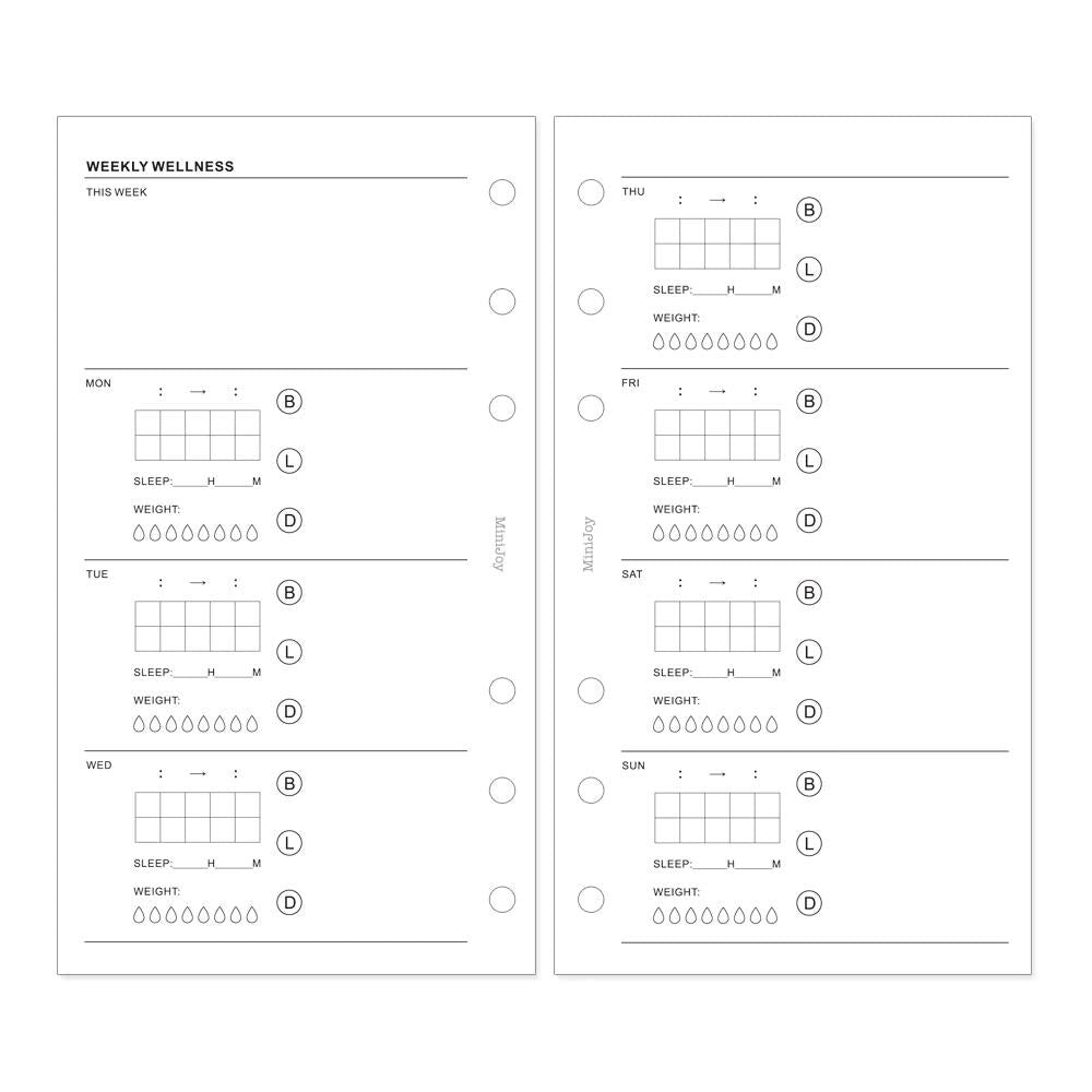 A7 Personal Weekly Health Diet Printed Planner Inserts | 120gsm Paper | 6 Ring Binder Planner Refills | Food Meal Sleep Weight Record