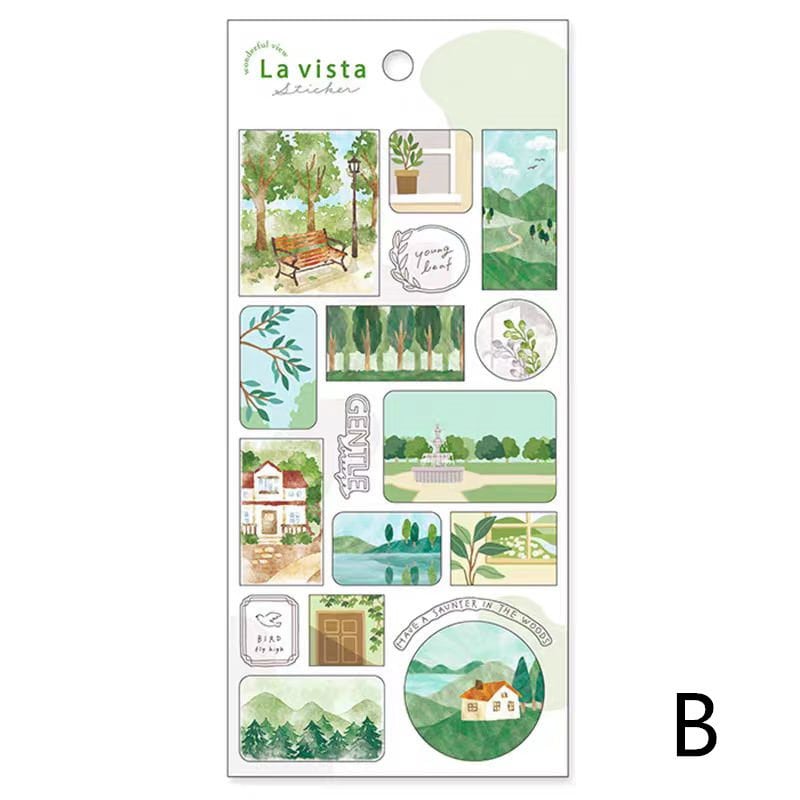 Mind Wave La Vista Japanese Stickers | Watercolor Landscape Cafe Plant Room Flower Planner Decorative Stickers | Journal Collage Supplies