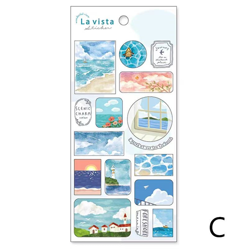 Mind Wave La Vista Japanese Stickers | Watercolor Landscape Cafe Plant Room Flower Planner Decorative Stickers | Journal Collage Supplies