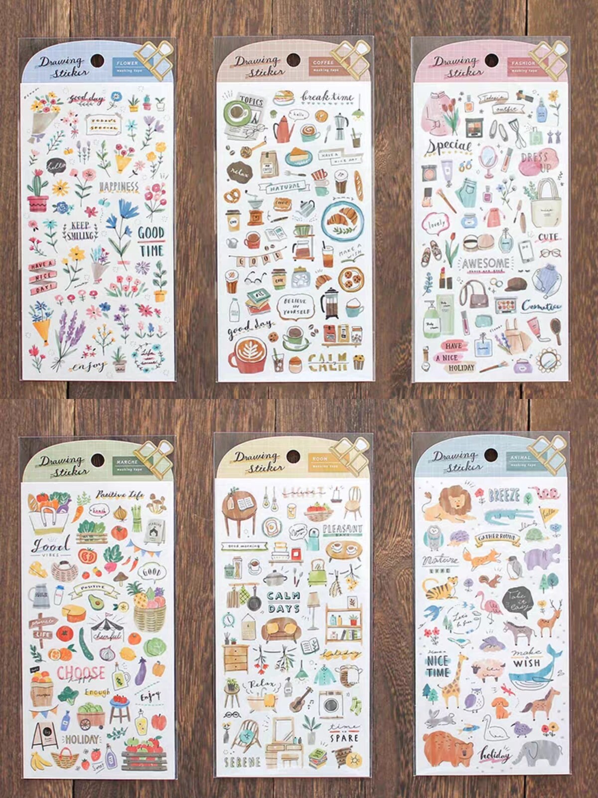 Mind Wave Drawing Japanese Stickers | Fashion Flower Coffee Study Room Animal Decorative Stickers | Planner Journal Collage Supplies