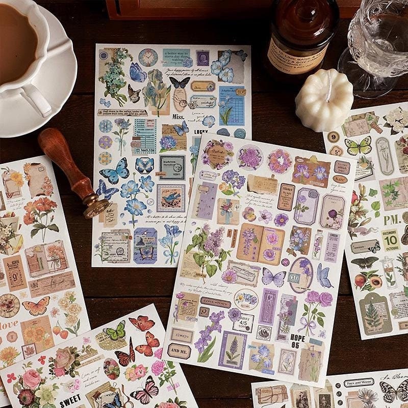 Retro Flower Butterfly Stickers | Planner Sticker Set|Junk Journal Bullet Journal Deco Stickers | Scrapbooking Collage Craft Supplies