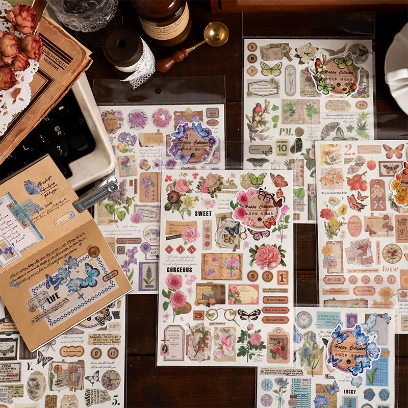 Retro Flower Butterfly Stickers | Planner Sticker Set|Junk Journal Bullet Journal Deco Stickers | Scrapbooking Collage Craft Supplies