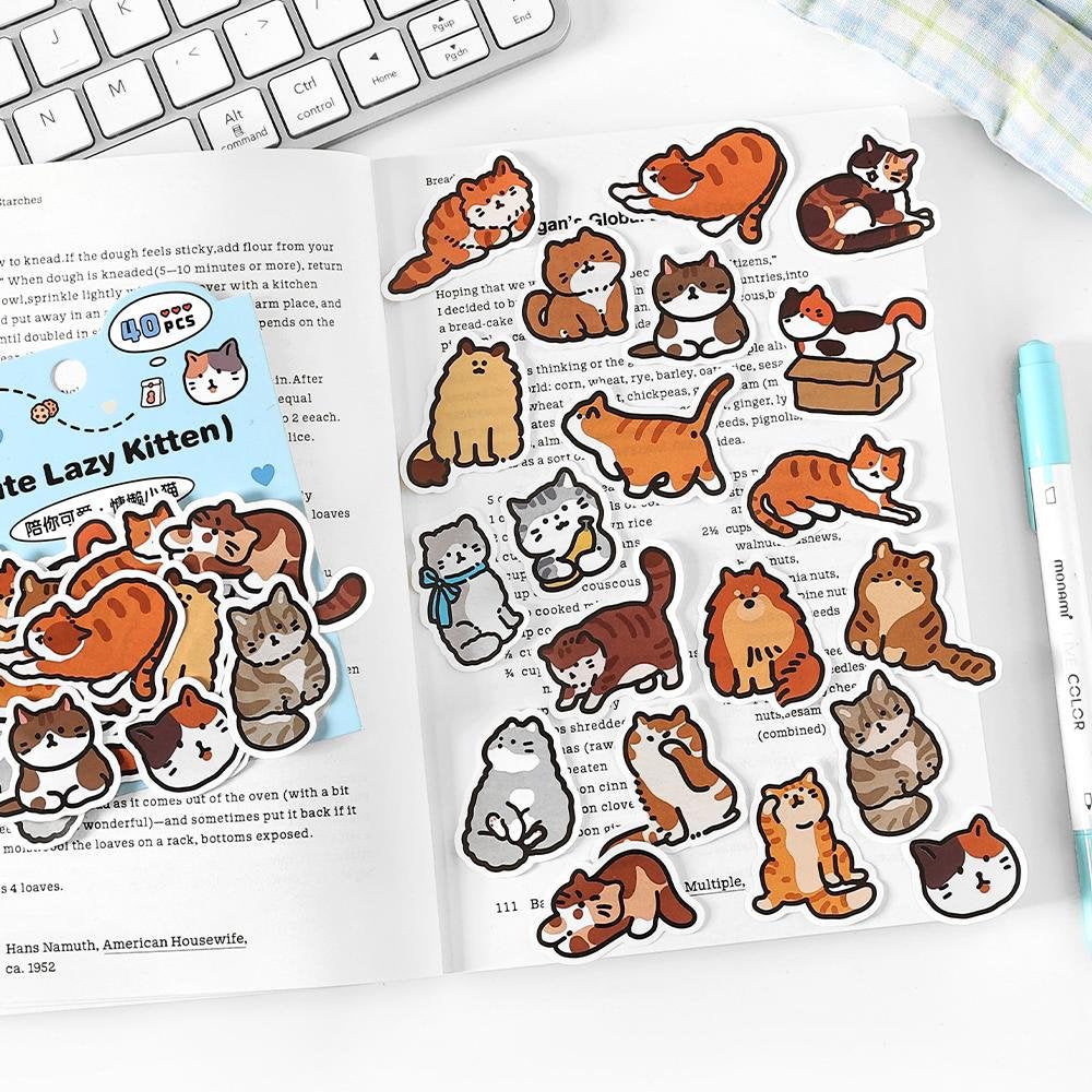 40pcs Cute Puppy Kitten Sticker | Cute Handdrawn Cat Stickers | Kawaii Animal Planner Stickers Junk Journal Scrapbooking Supplies