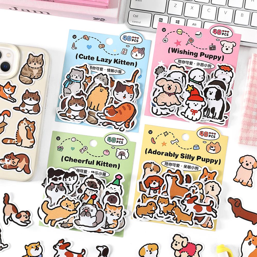 40pcs Cute Puppy Kitten Sticker | Cute Handdrawn Cat Stickers | Kawaii Animal Planner Stickers Junk Journal Scrapbooking Supplies