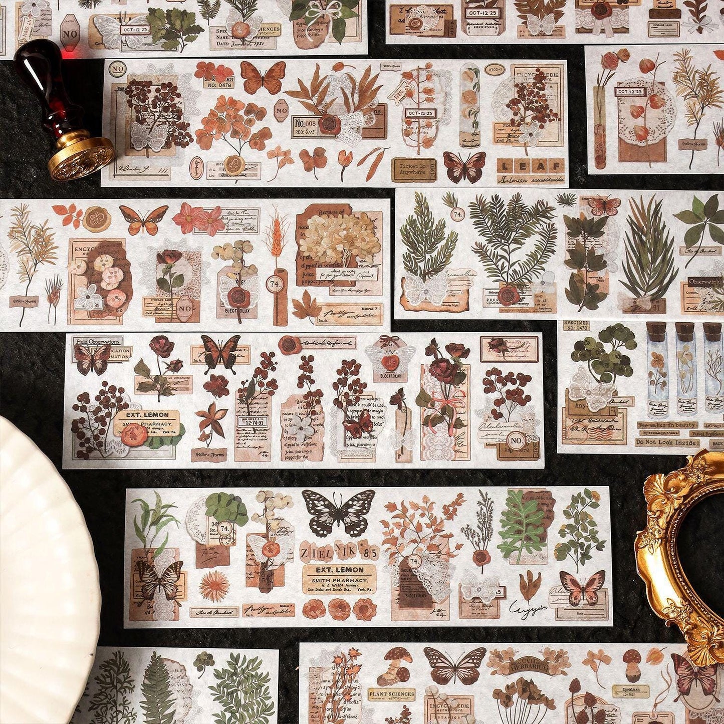 Vintage Nature-themed Washi Sticker Sheet | Retro Flower Plant and Butterfly Design for Scrapbooking and Journaling | Planner Deco Stickers