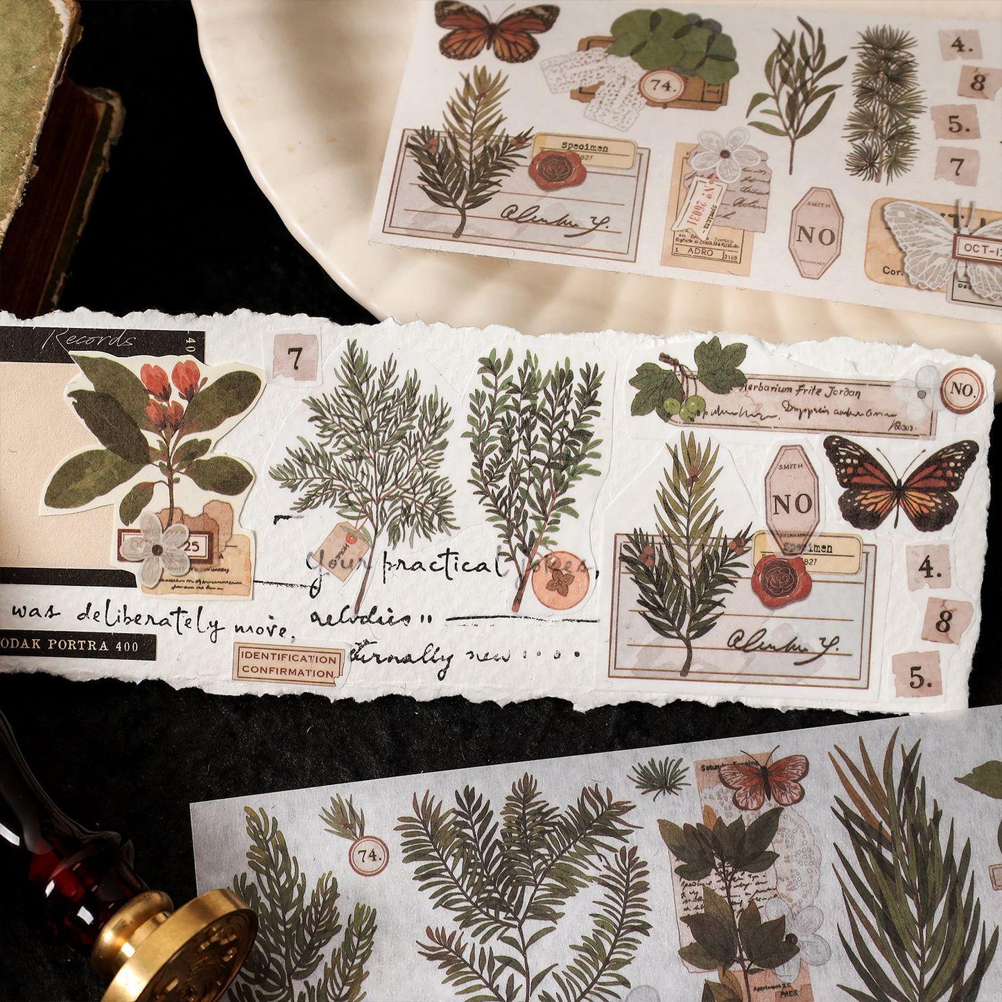 Vintage Nature-themed Washi Sticker Sheet | Retro Flower Plant and Butterfly Design for Scrapbooking and Journaling | Planner Deco Stickers