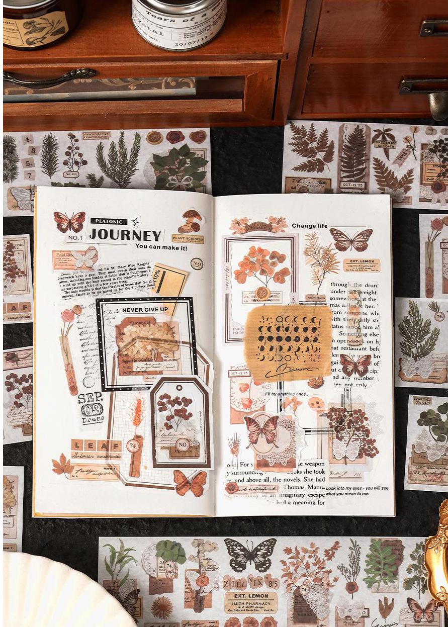 Vintage Nature-themed Washi Sticker Sheet | Retro Flower Plant and Butterfly Design for Scrapbooking and Journaling | Planner Deco Stickers