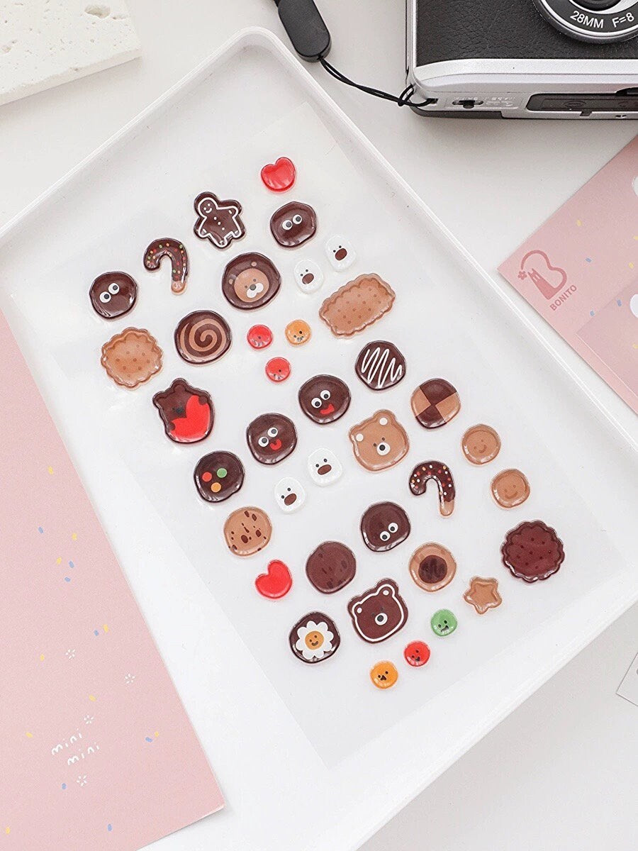 BONITO Korean Cute Happy Day Cookies Bear Stickers | Kawaii Planner Decorative Stickers | Bujo Junk Journal Collage Scrapbooking Supplies