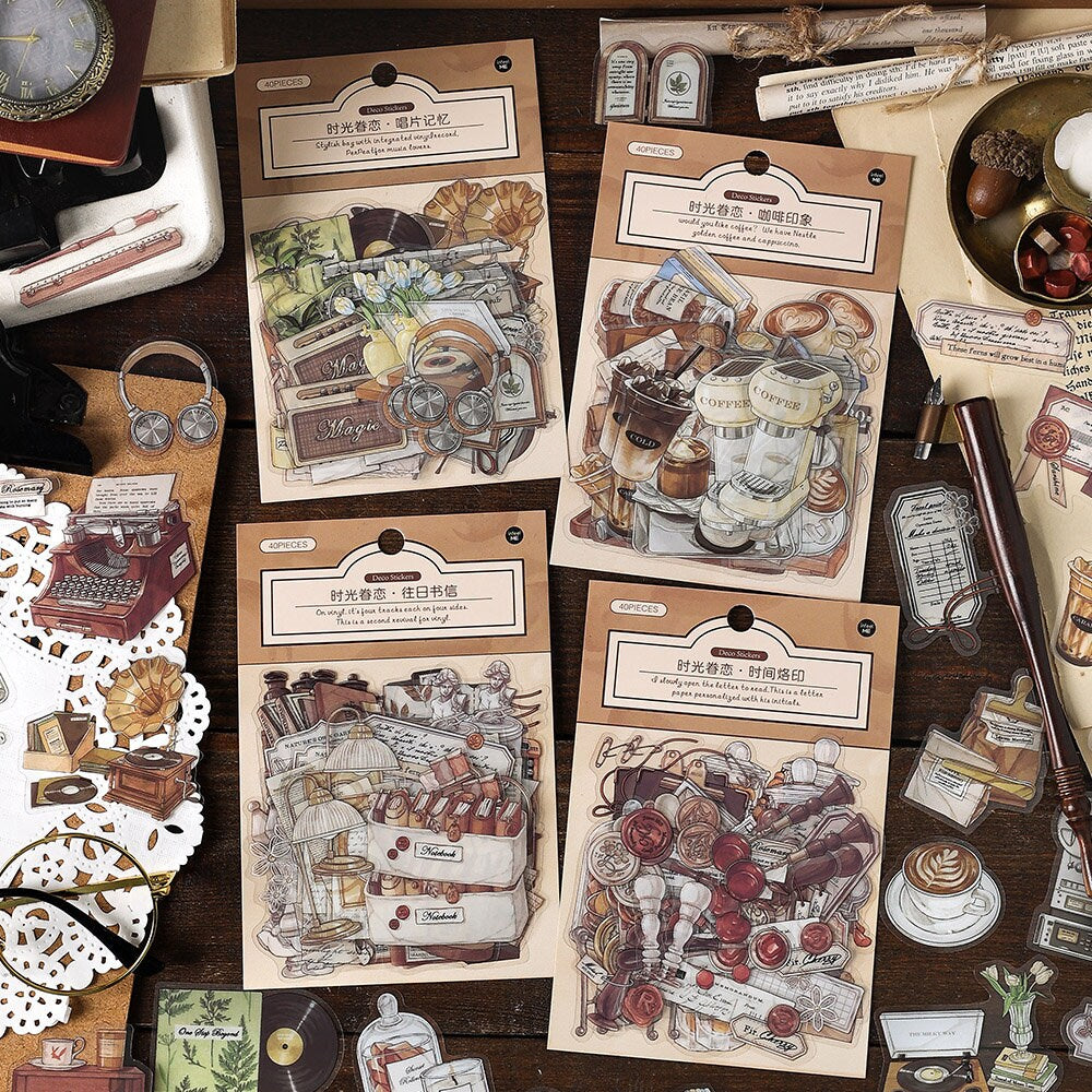 40pcs Retro Sticker Pack / Record Stickers / Coffe Stickers / Planner Sticker Set / Junk Journal / Die Cut Deco Stickers