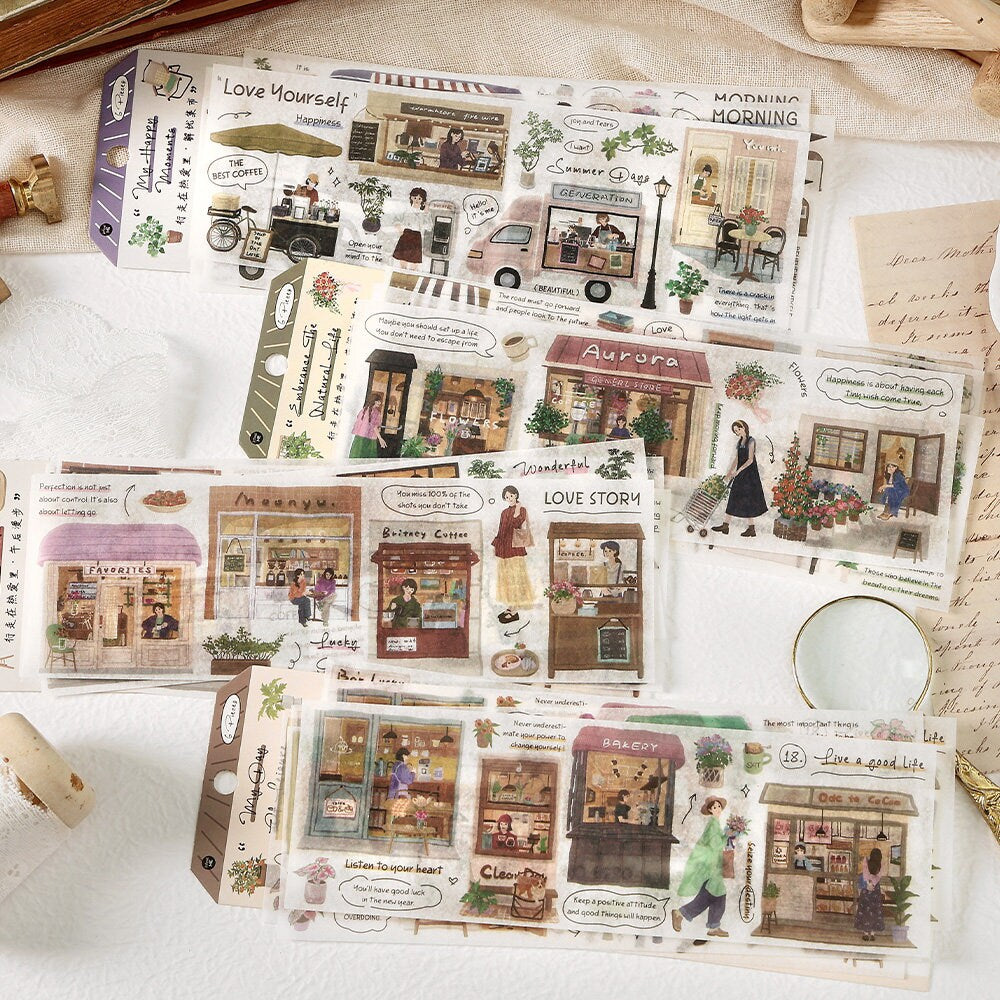 Retro Flower Bakery Coffee Shop Washi Stickers | Decorative Stickers for Planner Journal | Collage Scrapbooking DIY Material Supplies