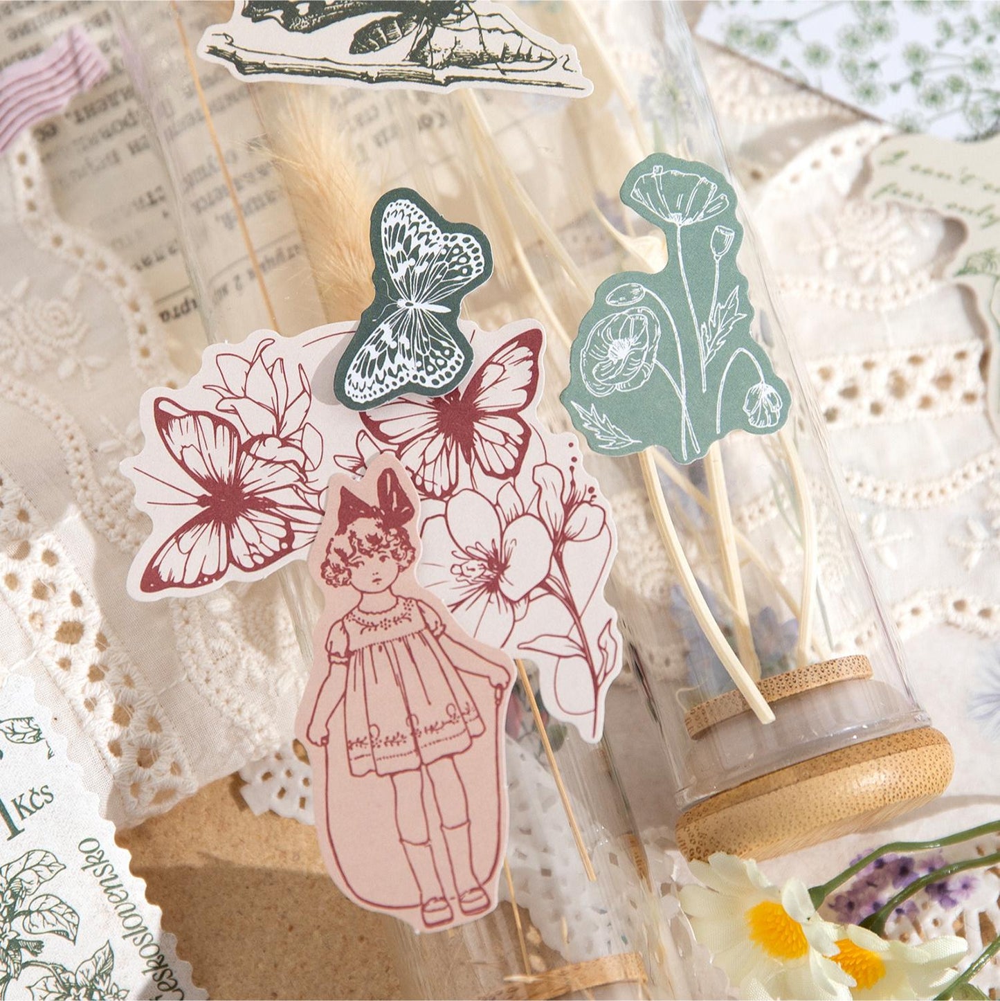 30pcs Retro Sticker Pack | Coffe Plant Butterfly Girl Stickers | Journal Scrapbooking Collage Crafting Supplies | Planner Sticker