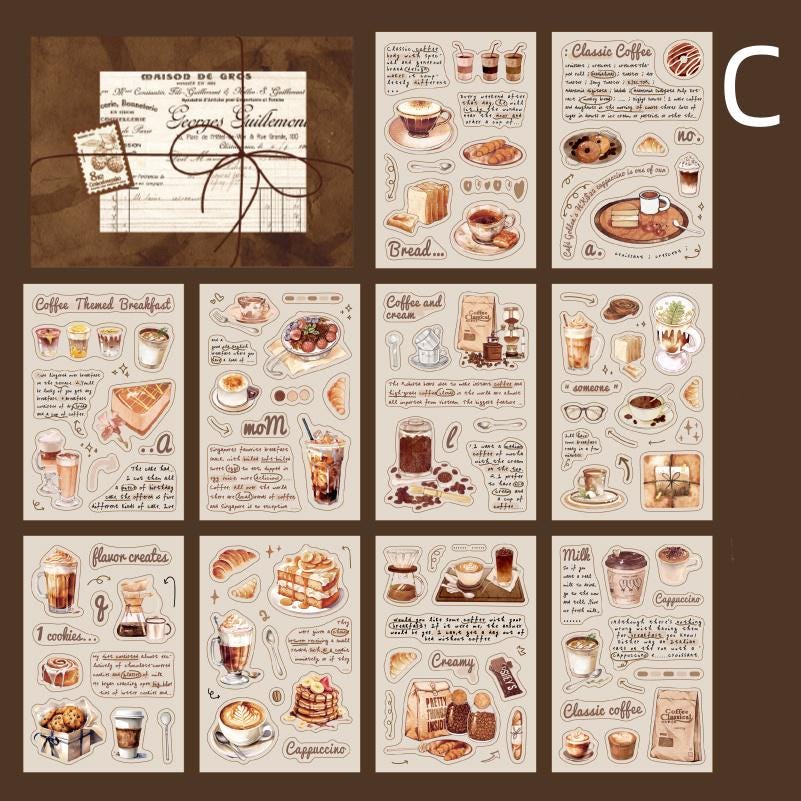 20 Sheets Hand-Drawn Cute Coffee Bread Sticker Pack for Scrapbooking and Junk Journaling | Planner Scrapbooking Craft Collage Kit Supplies