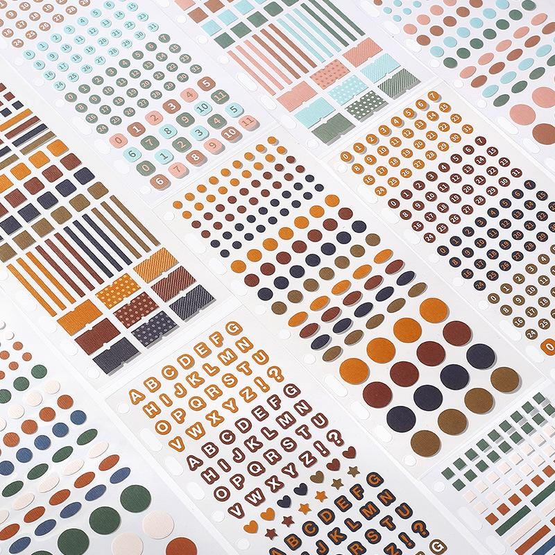 12 Sheets Functional Sticker Book | Planner Sticker Pack | Letter Number Stickers | Dots Stickers | BuJo Sticker kit | Study School Supplies