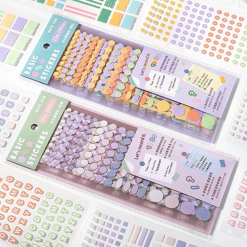 12 Sheets Functional Sticker Book | Planner Sticker Pack | Letter Number Stickers | Dots Stickers | BuJo Sticker kit | Study School Supplies