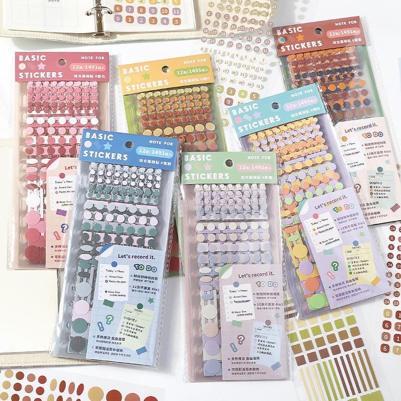 12 Sheets Functional Sticker Book | Planner Sticker Pack | Letter Number Stickers | Dots Stickers | BuJo Sticker kit | Study School Supplies