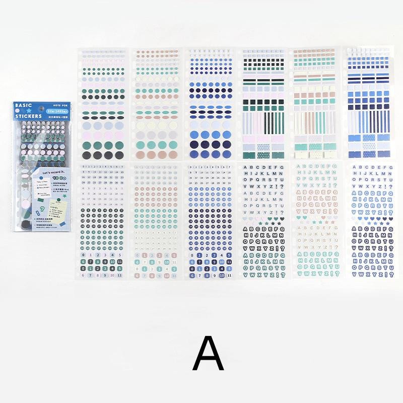 12 Sheets Functional Sticker Book | Planner Sticker Pack | Letter Number Stickers | Dots Stickers | BuJo Sticker kit | Study School Supplies