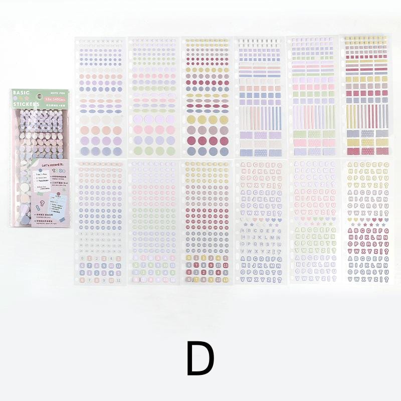 12 Sheets Functional Sticker Book | Planner Sticker Pack | Letter Number Stickers | Dots Stickers | BuJo Sticker kit | Study School Supplies