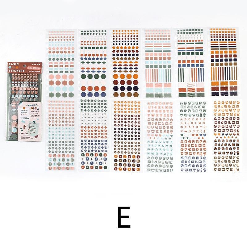12 Sheets Functional Sticker Book | Planner Sticker Pack | Letter Number Stickers | Dots Stickers | BuJo Sticker kit | Study School Supplies