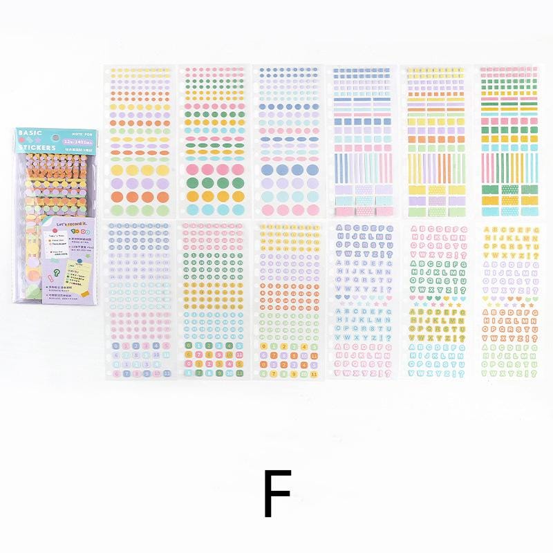 12 Sheets Functional Sticker Book | Planner Sticker Pack | Letter Number Stickers | Dots Stickers | BuJo Sticker kit | Study School Supplies