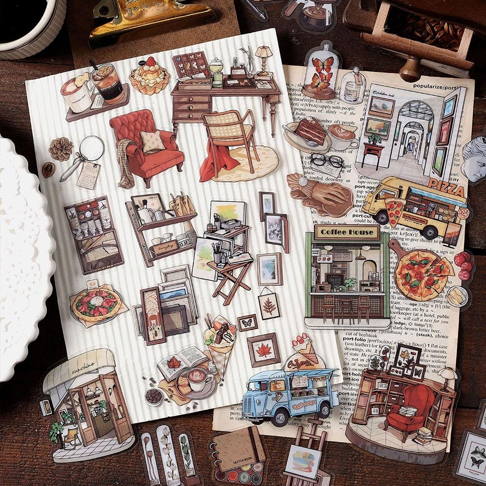 Retro Life Aesthetics Stickers | Coffee Stickers | Painting Food Room House Sticker | Junk Journal Stickers Accessories | Craft Supplies