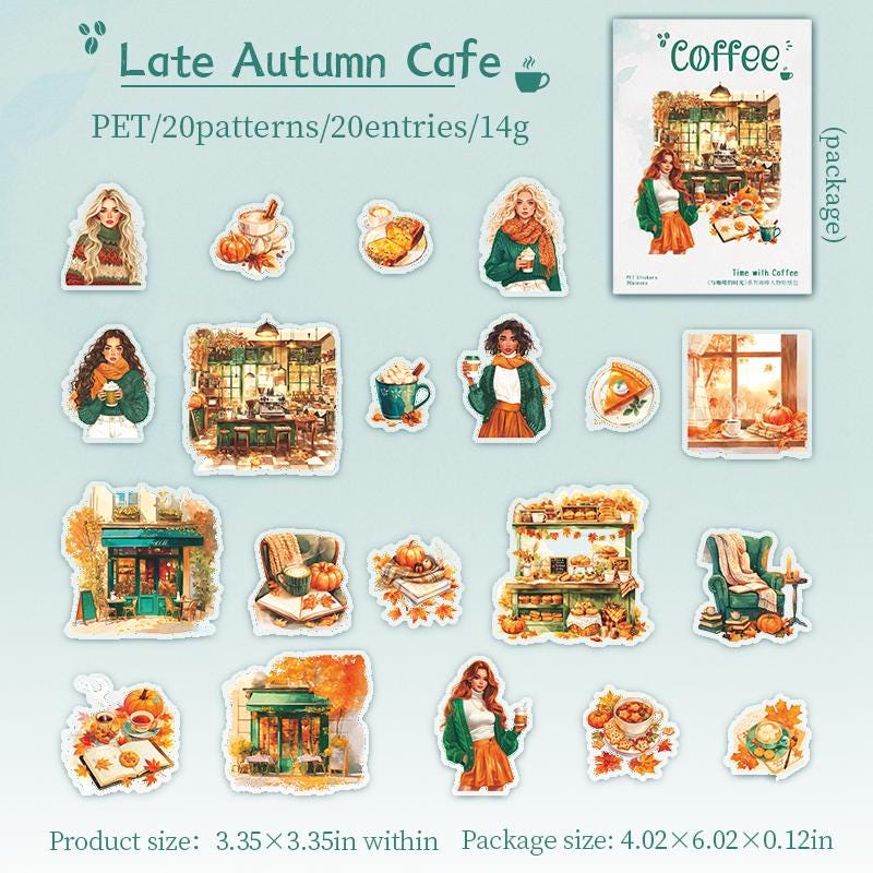 20pcs Watercolor Coffee Girl Sticker Pack | Cute Decorative Planner Stickers | Scrapbooking Collage Junk Journal Album Sticker Supplies