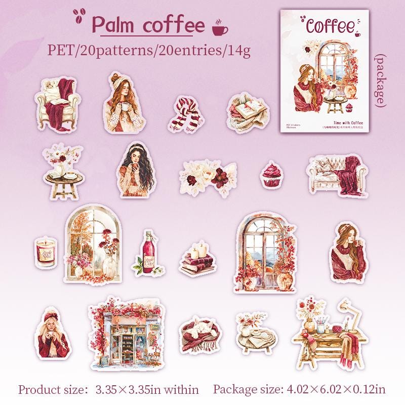 20pcs Watercolor Coffee Girl Sticker Pack | Cute Decorative Planner Stickers | Scrapbooking Collage Junk Journal Album Sticker Supplies