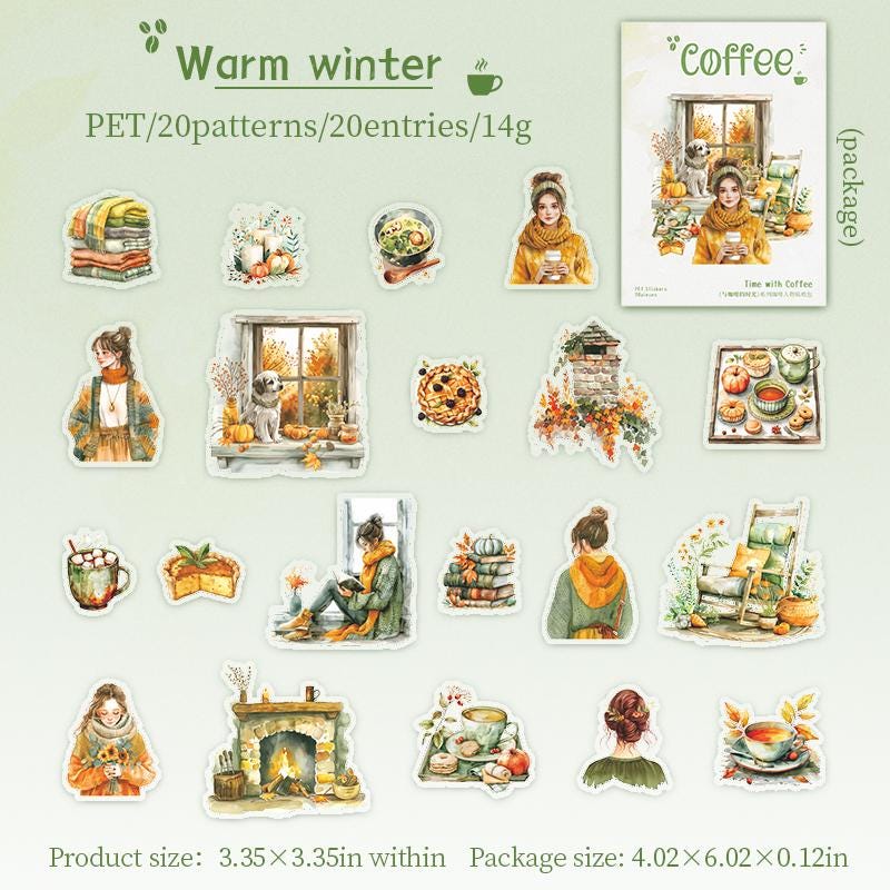 20pcs Watercolor Coffee Girl Sticker Pack | Cute Decorative Planner Stickers | Scrapbooking Collage Junk Journal Album Sticker Supplies