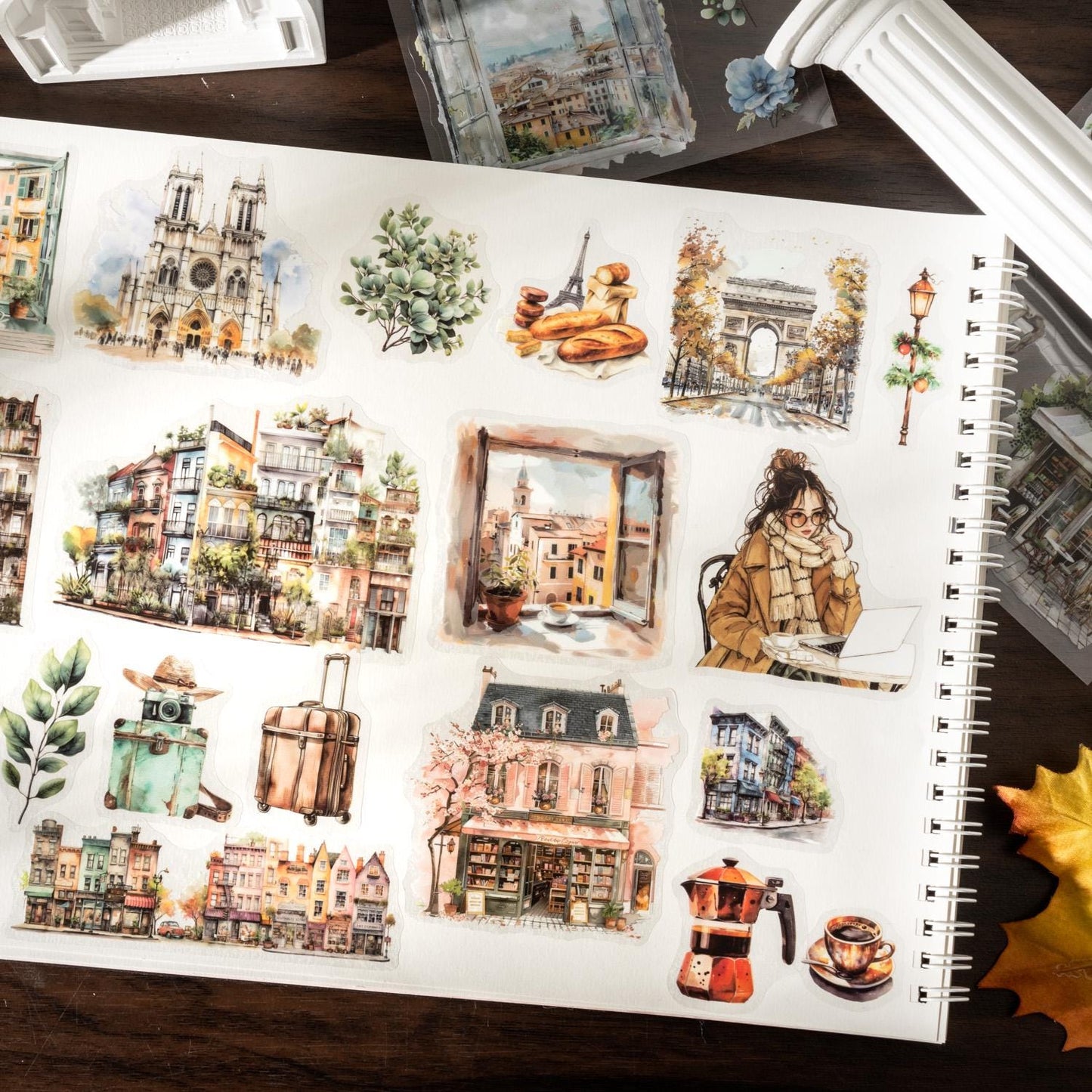 18 Sheets Character Sticker Book | Coffee Travel House Girl Flower Stickers for Journal Collage | Junk Journal Journaling DIY Kit Supplies