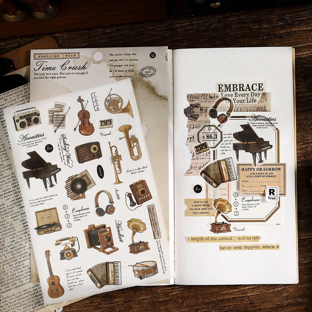 Retro Life Aesthetics Stickers | Coffe Stickers | Musical Instruments Sticker Set | Bread Junk Journal Stickers | Scrapbooking Supplies