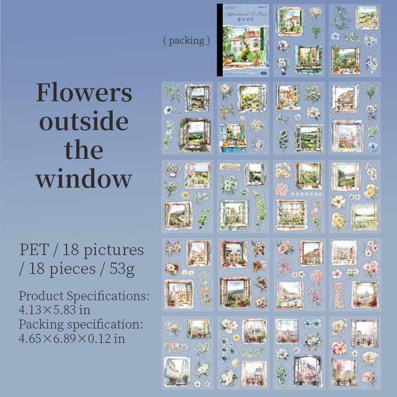 18 Sheets Character Sticker Book | Coffee Travel House Girl Flower Stickers for Journal Collage | Junk Journal Journaling DIY Kit Supplies