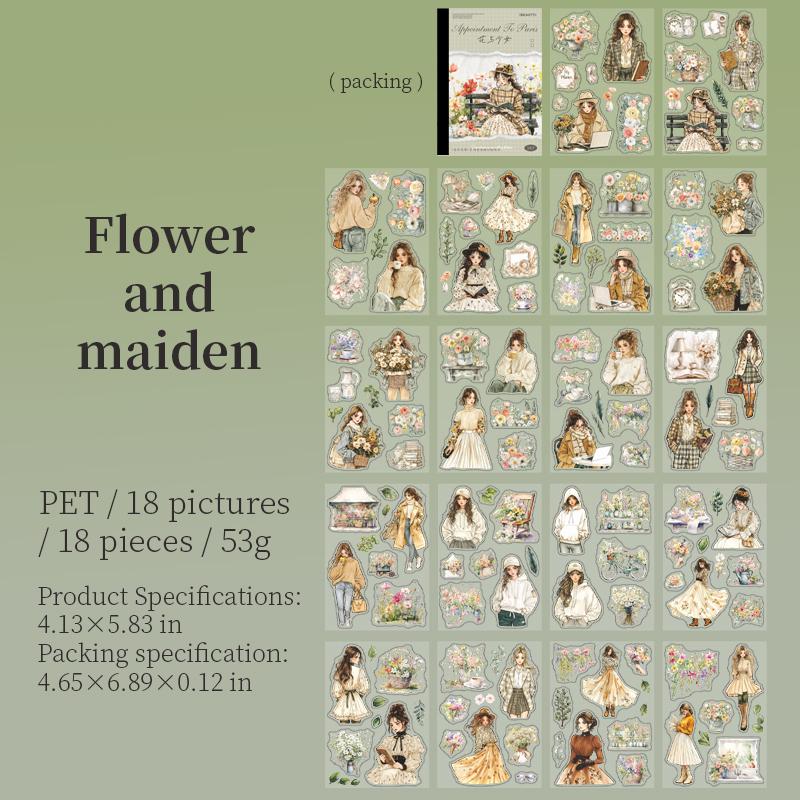 18 Sheets Character Sticker Book | Coffee Travel House Girl Flower Stickers for Journal Collage | Junk Journal Journaling DIY Kit Supplies
