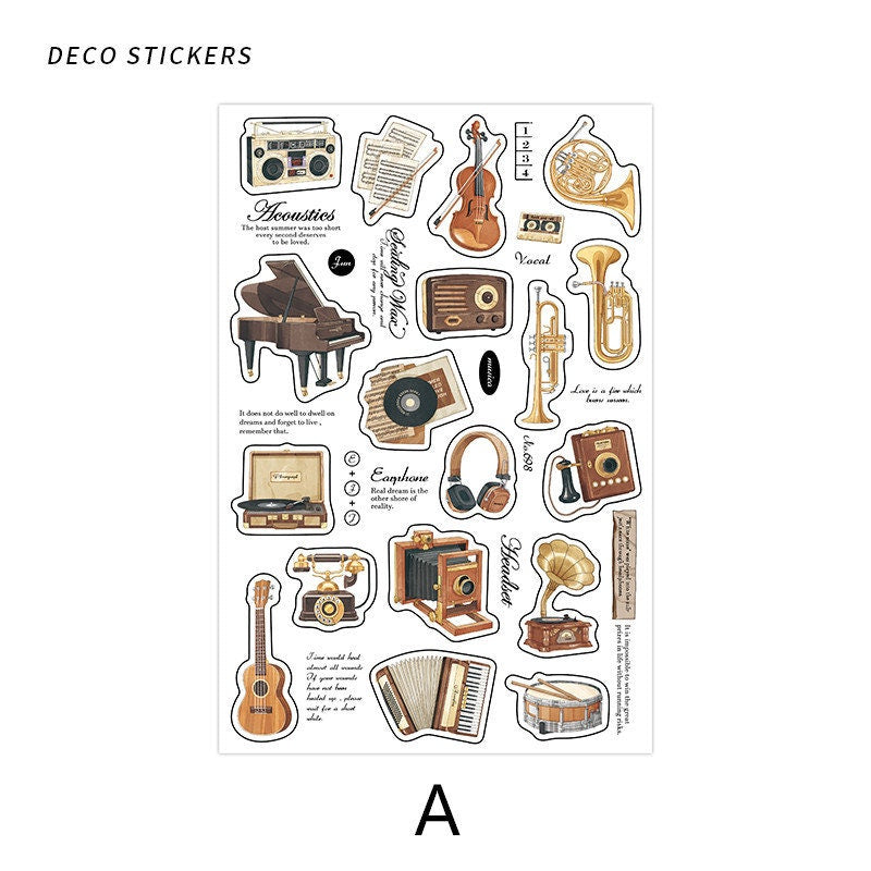 Retro Life Aesthetics Stickers | Coffe Stickers | Musical Instruments Sticker Set | Bread Junk Journal Stickers | Scrapbooking Supplies