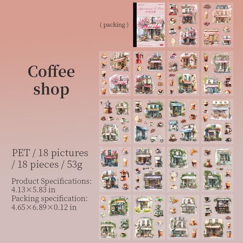 18 Sheets Character Sticker Book | Coffee Travel House Girl Flower Stickers for Journal Collage | Junk Journal Journaling DIY Kit Supplies