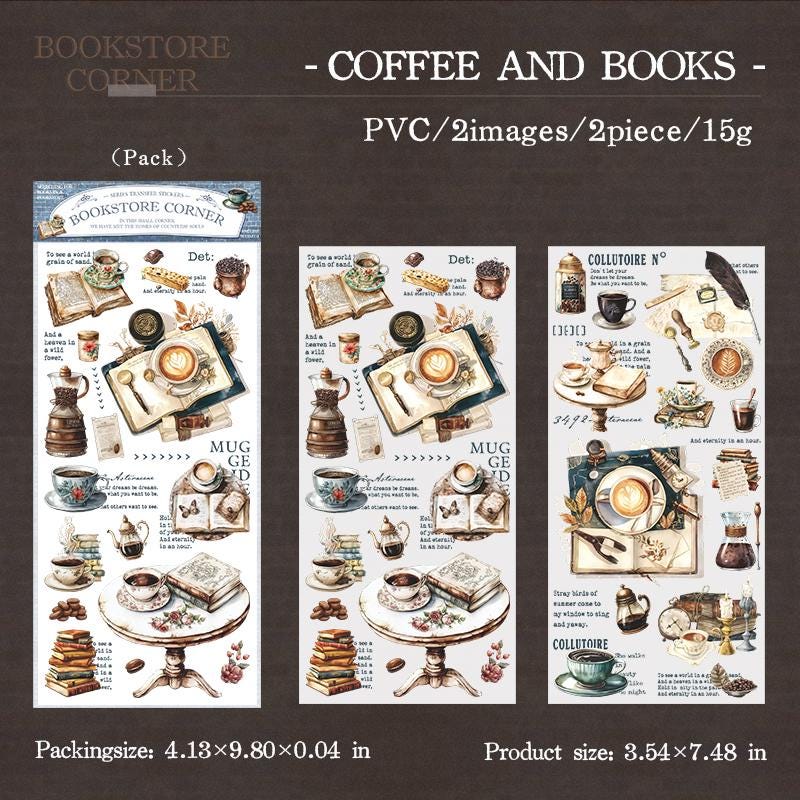 The Corner of Bookstore | Coffee Reading Aesthetic Sticker|Retro Planner Junk Journal Decorative Stickers Scrapbooking Collage Supplies