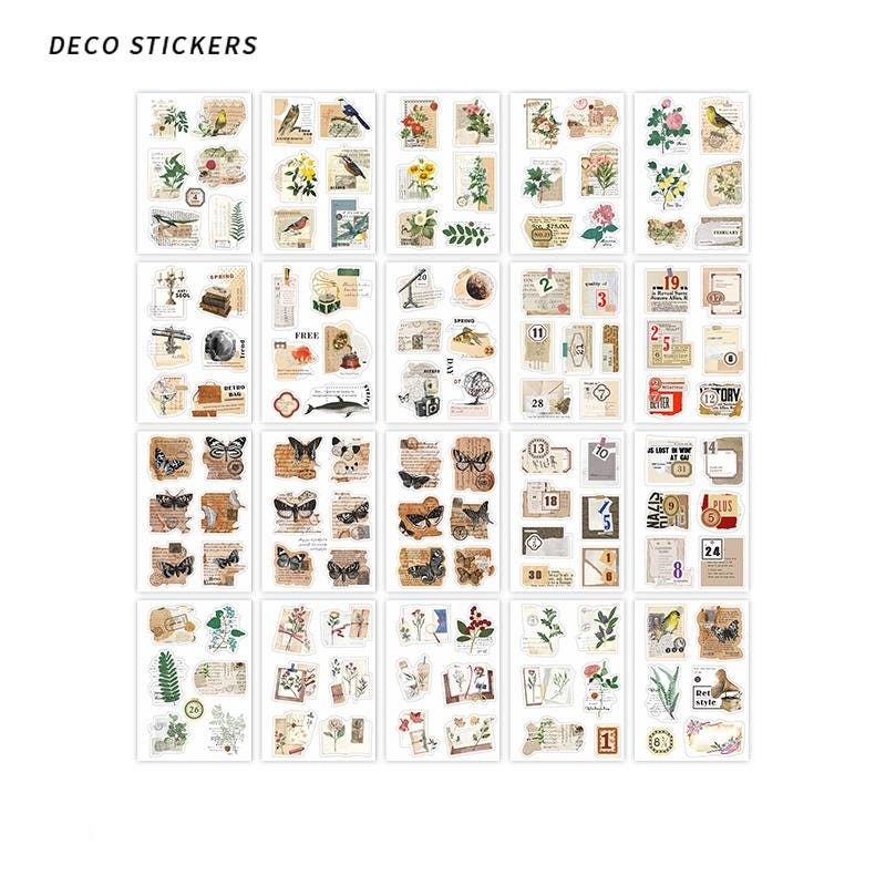 20 Sheets Retro Nature PET Sticker Book | Plants Flowers Butterfly | Junk Journal Stickers | Scrapbooking Craft Bullet Journal Supplies