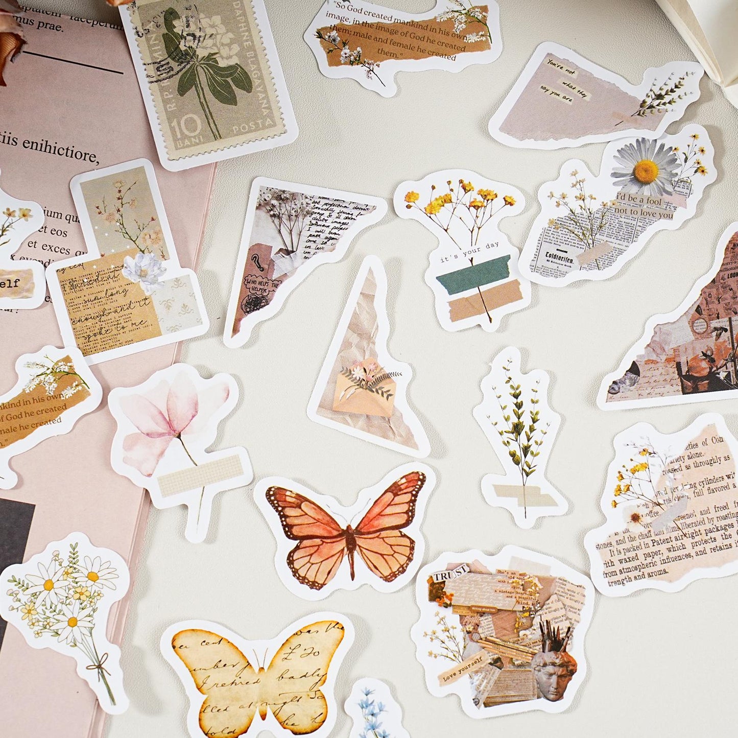 46pcs Retro Flower Butterfly Sticker Pack | Junk Journal Stickers | Essential for Planners Bujo | Kids Scrapbooking and Craft Supplies